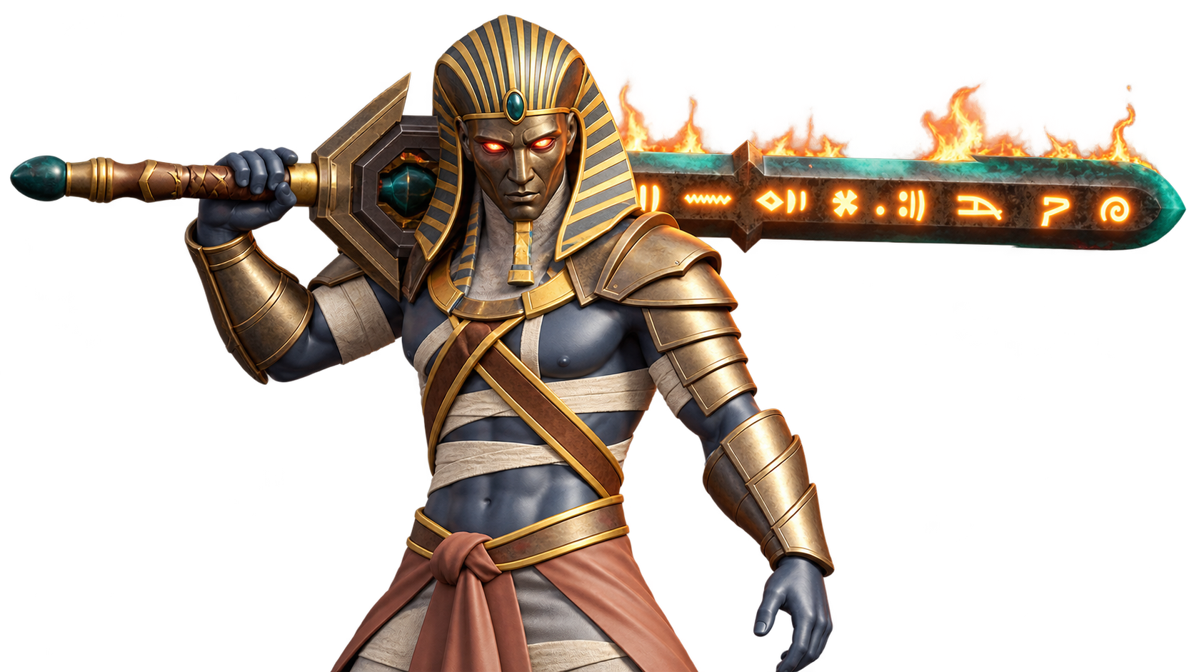 Ankahur, a pharaoh boss carrying an enormous flaming greatsword