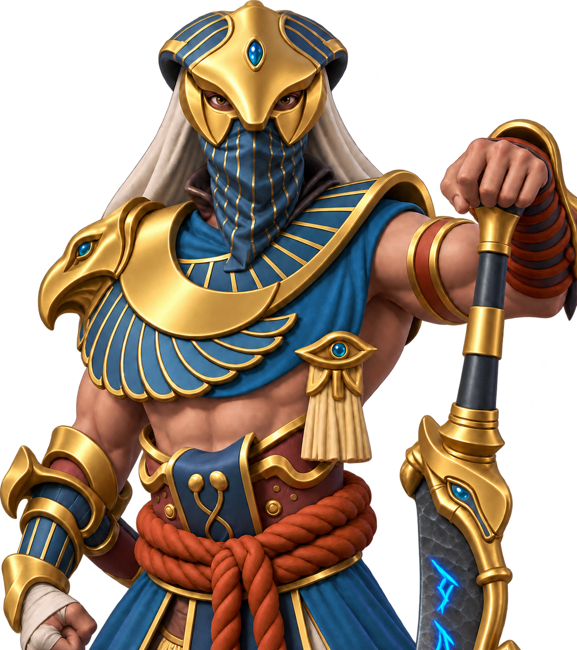 Warrior wearing a gold cobra helmet and armor